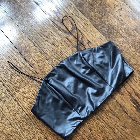 Black Faux Leather Stretch Spaghetti Strap Tube Top Crop Top - Picture 3 of 5